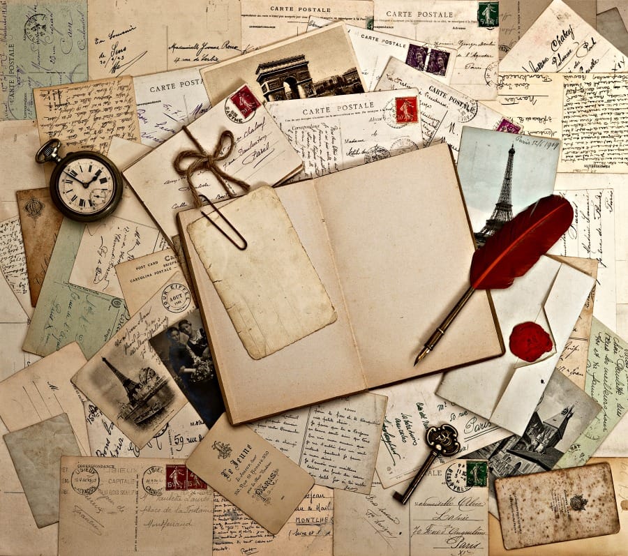 empty open book, old accessories and post cards. sentimental vintage background