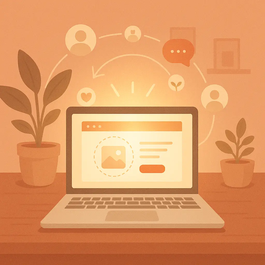 A digital scene of a laptop with a freshly launched landing page glowing on screen, surrounded by floating icons of people, chat bubbles, and connection lines.